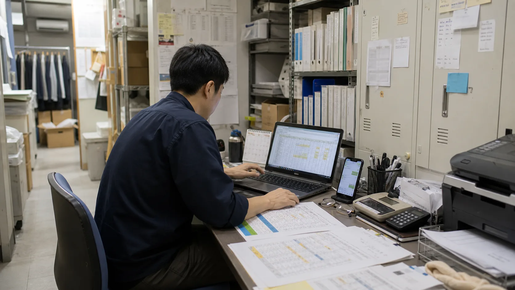小売店の店長がバックオフィスでシフト表を整理している様子